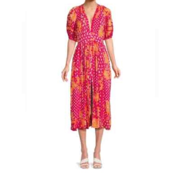 Poupette St. Barth Reine Floral Pink & Orange Button Up Shirt Midi Dress Size S